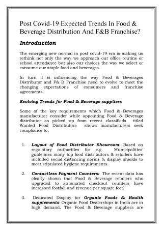 Post Covid-19 Expected Trends In Food & Beverage Distribution And F&B Franchise