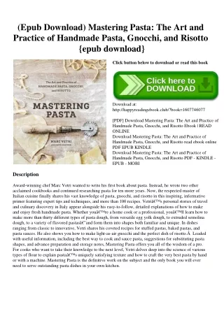 (Epub Download) Mastering Pasta The Art and Practice of Handmade Pasta  Gnocchi  and Risotto {epub download}
