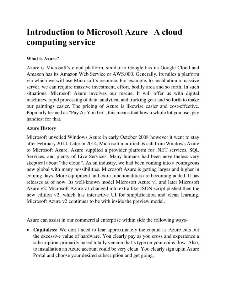 introduction to microsoft azure a cloud computing