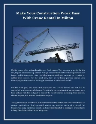 Make Your Construction Work Easy With Crane Rental In Milton