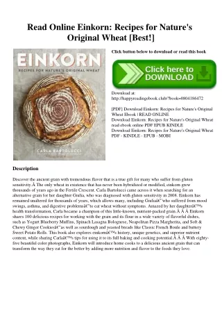 Read Online Einkorn Recipes for Nature's Original Wheat [Best!]