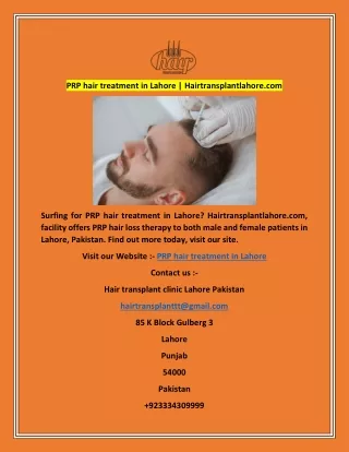 PRP hair treatment in Lahore  Hairtransplantlahore.com