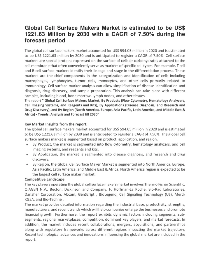 global cell surface makers market is estimated