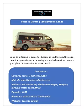 Buses To Durban | Southernshuttle.co.za