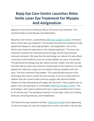 Bajaj Eye Care Centre Launches Relex Smile Laser Eye Treatment For Myopia And Astigmatism