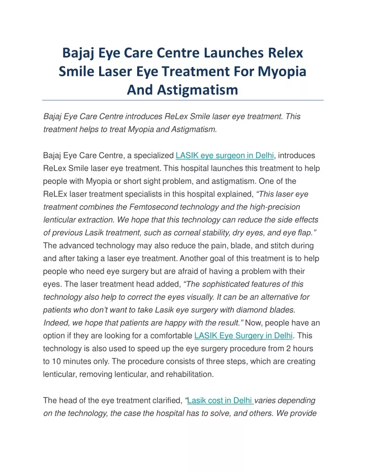 bajaj eye care centre launches relex smile laser eye treatment for myopia and astigmatism