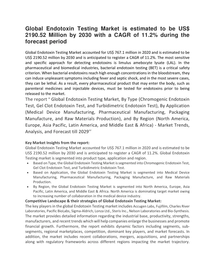 global endotoxin testing market is estimated
