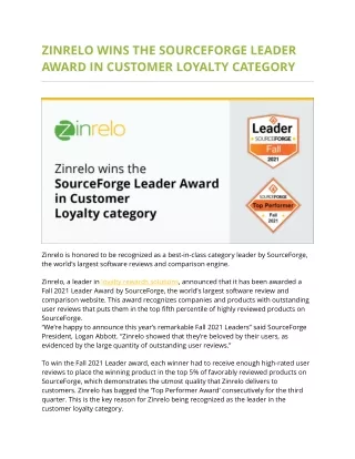 Zinrelo wins the SourceForge Leader Award in Customer Loyalty category
