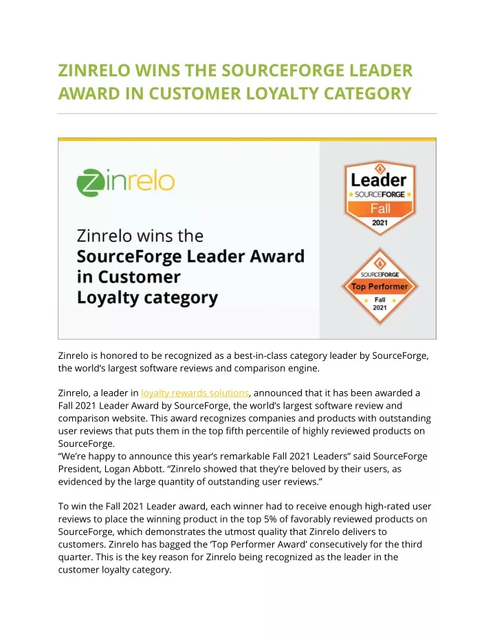 zinrelo wins the sourceforge leader award