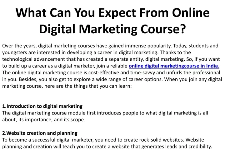 what can you expect from online digital marketing course