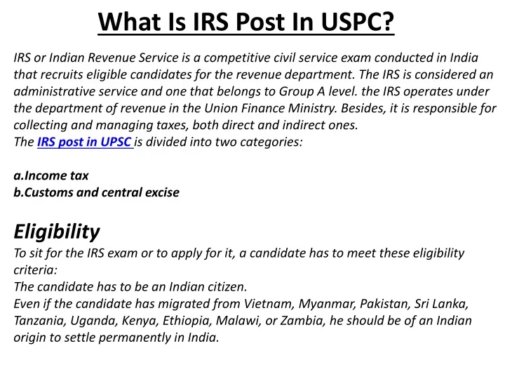 what is irs post in uspc