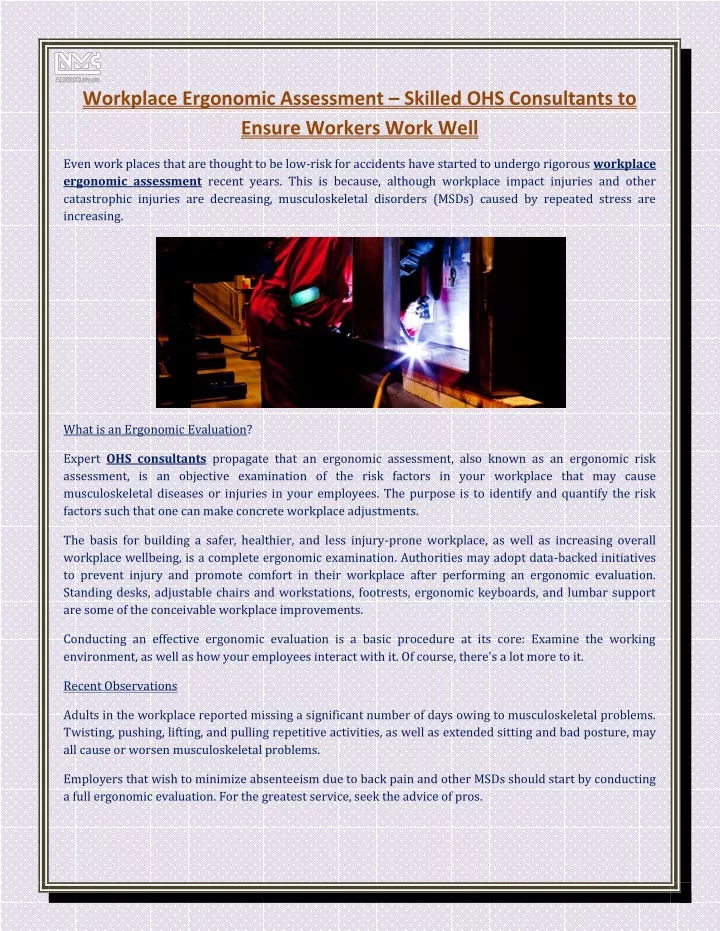 workplace ergonomic assessment skilled