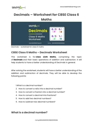 CBSE Class 6 Maths Decimals - Worksheet for Class 6 Maths