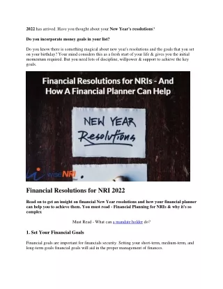 Financial Resolutions for NRI-converted