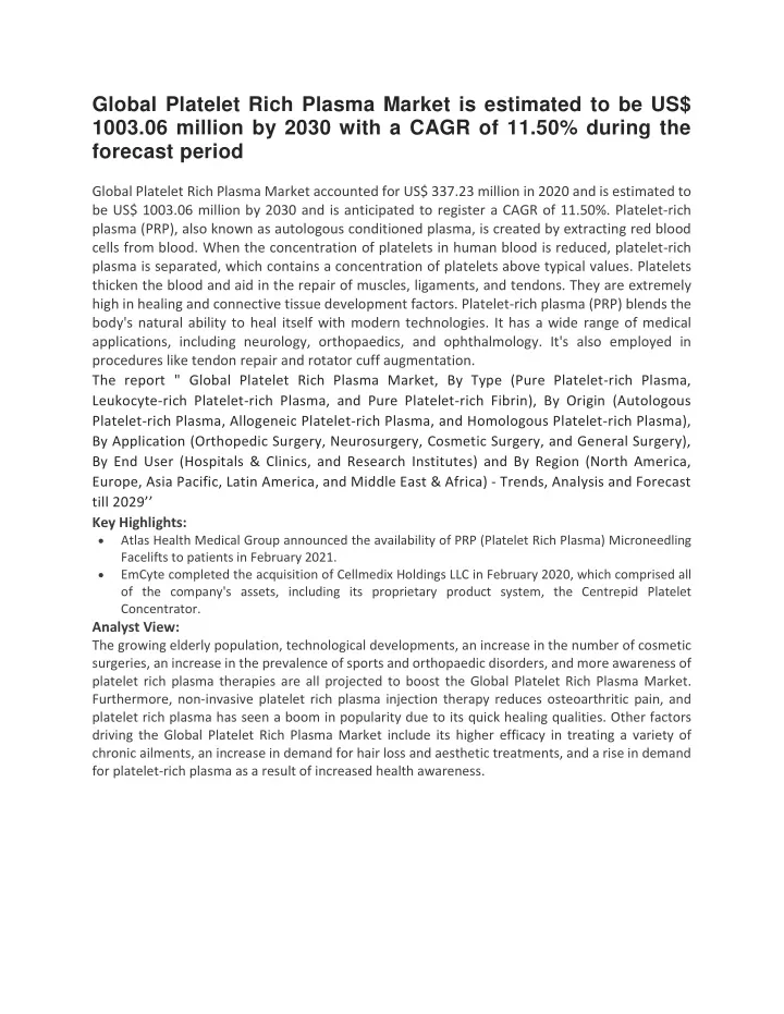 global platelet rich plasma market is estimated