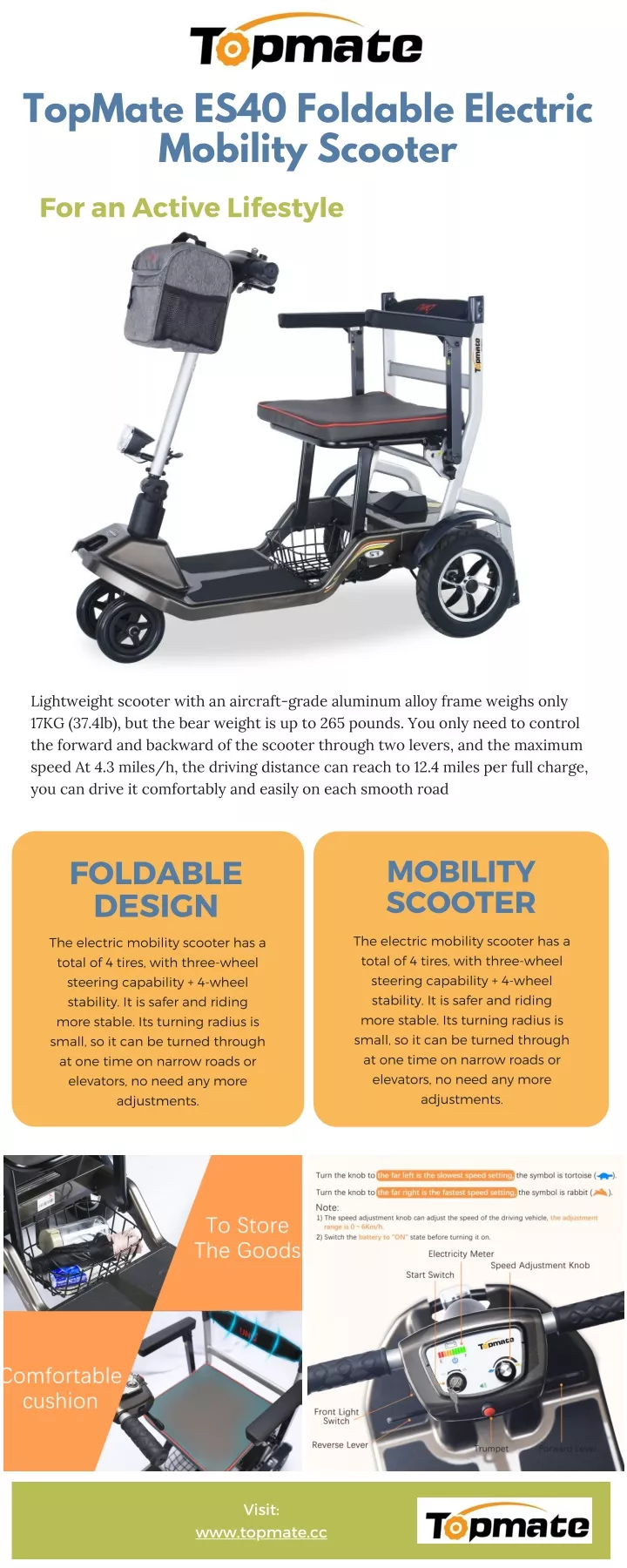 topmate es40 foldable electric mobility scooter