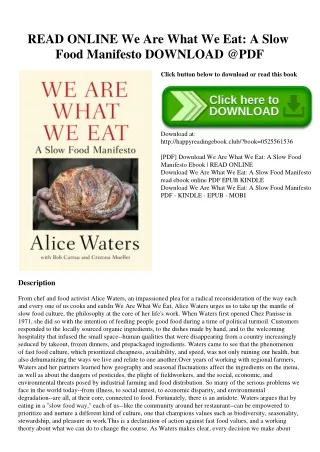 READ ONLINE We Are What We Eat A Slow Food Manifesto DOWNLOAD @PDF