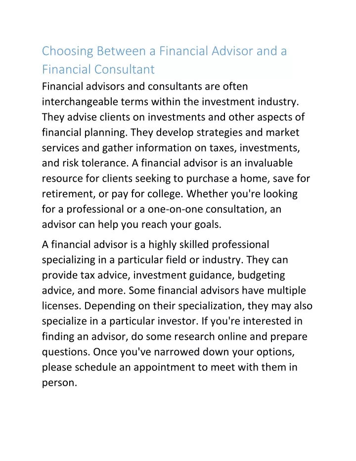 choosing between a financial advisor