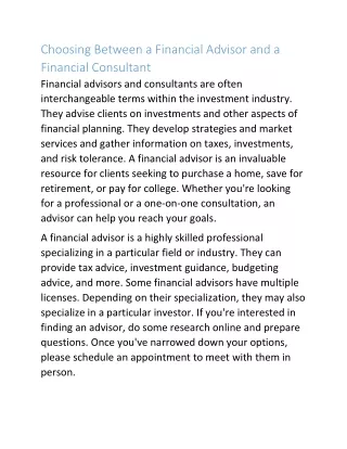 Choosing Between a Financial Advisor and a Financial Consultant