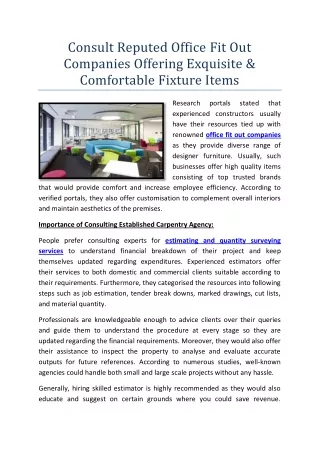 Consult Reputed Office Fit Out Companies Offering Exquisite & Comfortable Fixtur