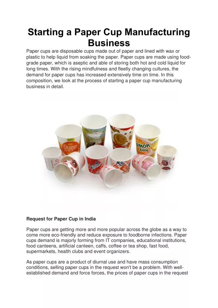 starting a paper cup manufacturing business paper