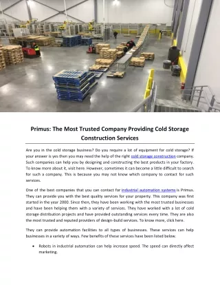 Primus: The Most Trusted Company Providing Cold Storage Construction Services