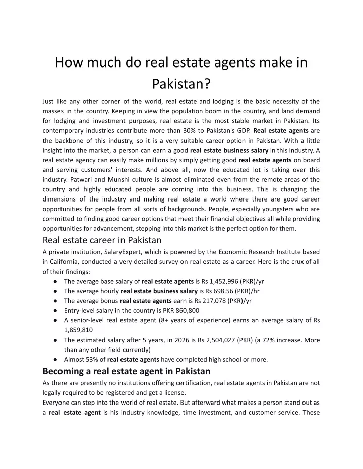 how much do real estate agents make in pakistan