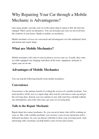 why repairing your car through a mobile mechanic