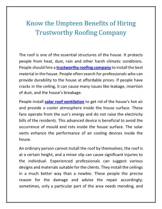Know the Umpteen Benefits of Hiring Trustworthy Roofing Company