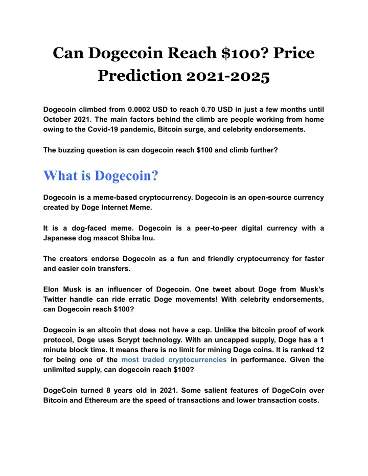 can dogecoin reach 100 price prediction 2021 2025