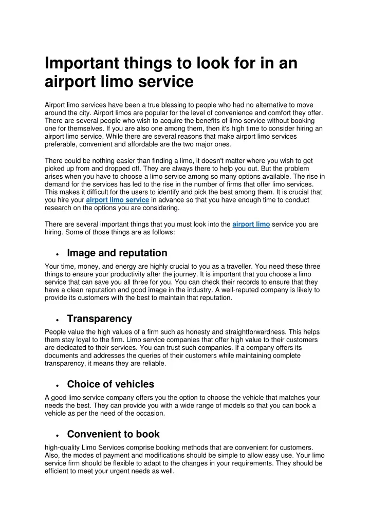 important things to look for in an airport limo