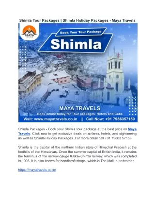 Shimla Tour Packages  Shimla Holiday Packages - Maya Travels