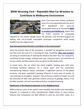 BMW Wrecking Yard - Reputable Moe Car Wreckers to Contribute to Melbourne Environment