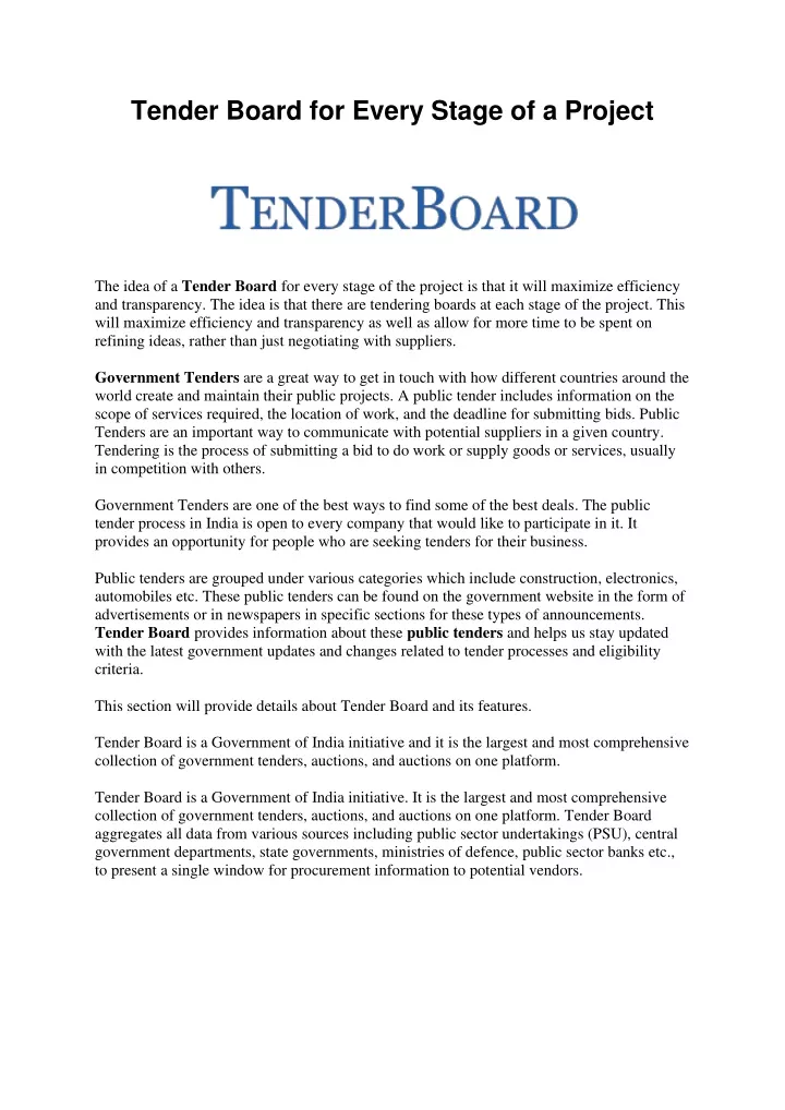 tender board for every stage of a project