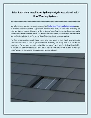 Solar Roof Vent Installation Sydney – Myths Associated With Roof Venting Systems