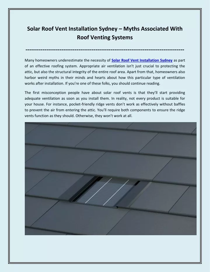 solar roof vent installation sydney myths