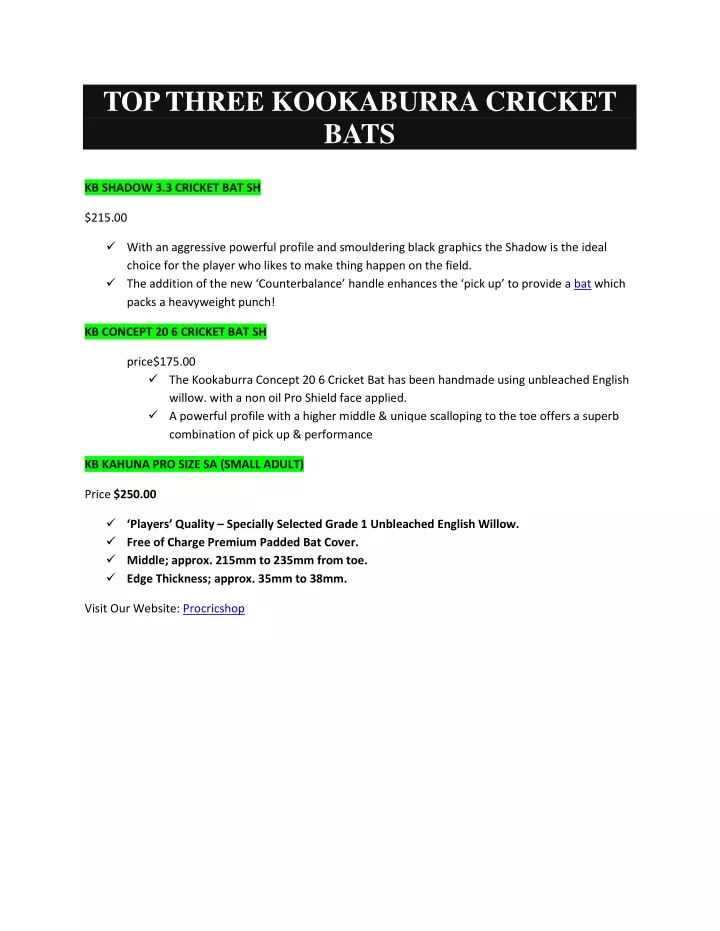 top three kookaburra cricket bats