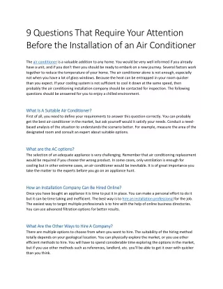 9 Questions That Require Your Attention Before the Installation of an Air Conditioner