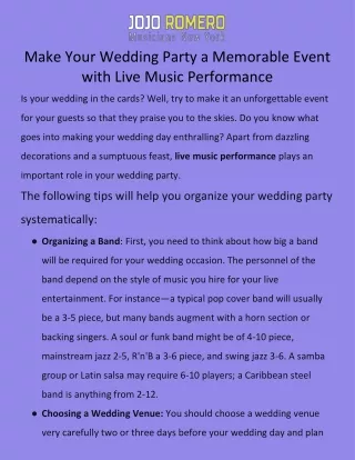Make Your Wedding Party Memorable with Live Music Performance