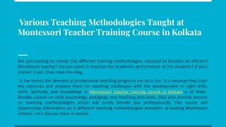 Various Teaching Methodologies Taught at Montessori Teacher Training Course in Kolkata