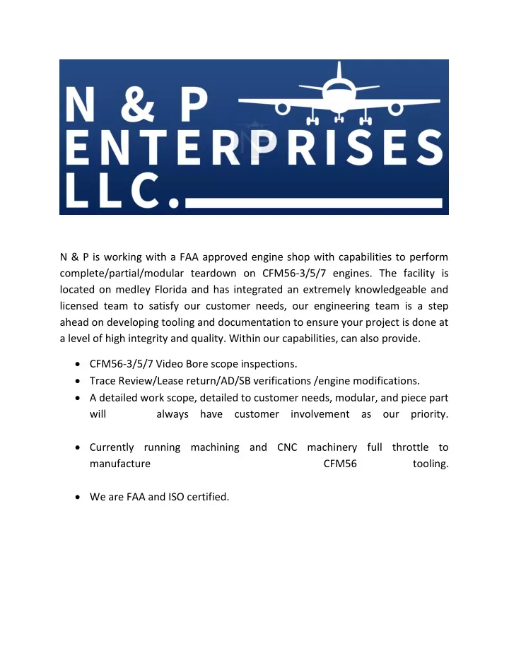 n p is working with a faa approved engine shop