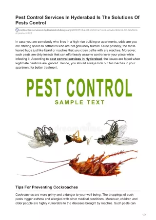 Pest Control Services Is the Solution Of Pest Control In Hyderabad