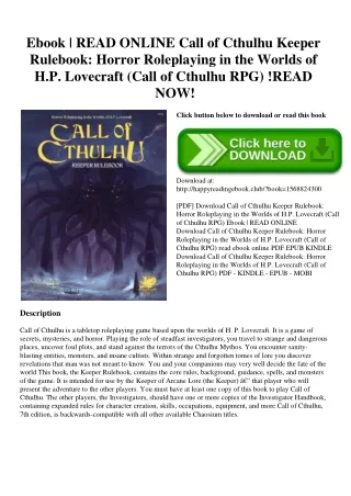 Ebook  READ ONLINE Call of Cthulhu Keeper Rulebook Horror Roleplaying in the Worlds of H.P. Lovecraft (Call of Cthulhu R
