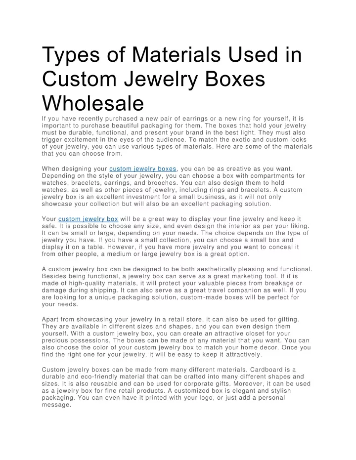 types of materials used in custom jewelry boxes