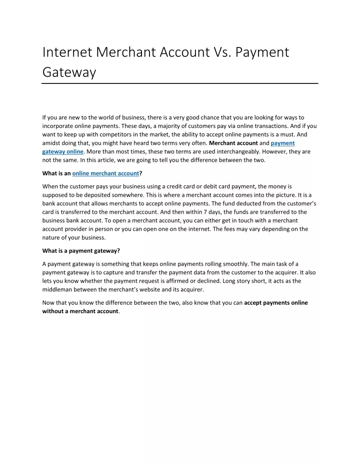 internet merchant account vs payment gateway