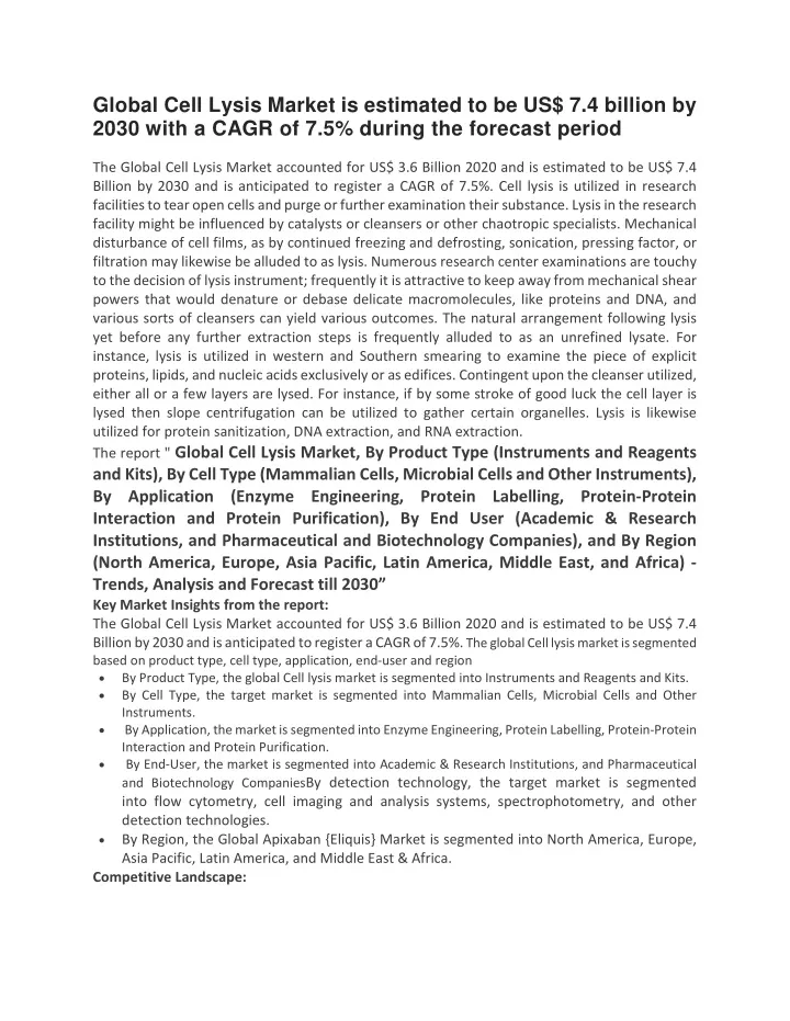 global cell lysis market is estimated