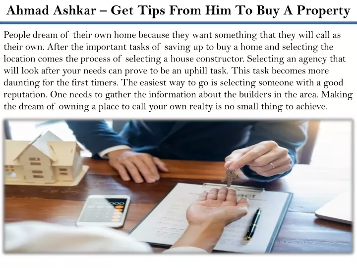 ahmad ashkar get tips from him to buy a property