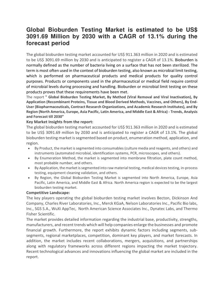 global bioburden testing market is estimated