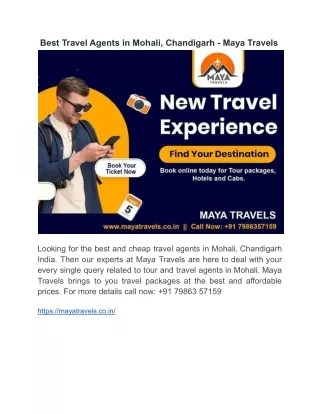 Best Travel Agents in Mohali, Chandigarh - Maya Travels