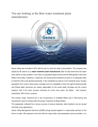 Water Treatment Plant Manufacturers - Genex Utility